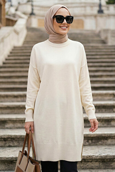 N.S NEVA STYLE Cream Hijab Knitwear Sweater 10901Kr