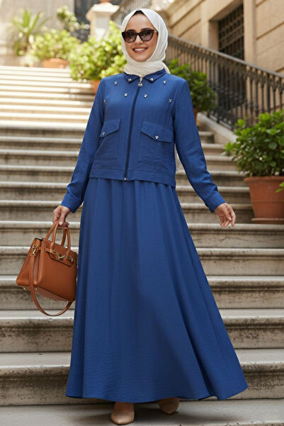 N.S NEVA STYLE Jacketed Indigo Blue Hijab Skirt Double Set 44723Im