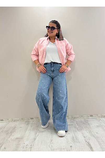 egomoda Taş Detaylı Yüksek Bel Palazzo Denim Pantolon