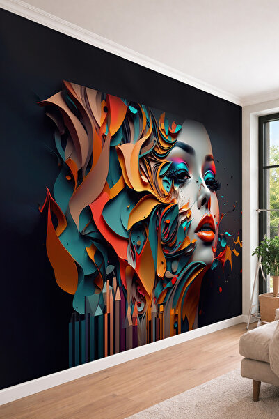 dreamwall 3 Boyutlu Kağıt Sanatı Efektli Renkli Kadın Portresi Tasarımlı Teks...