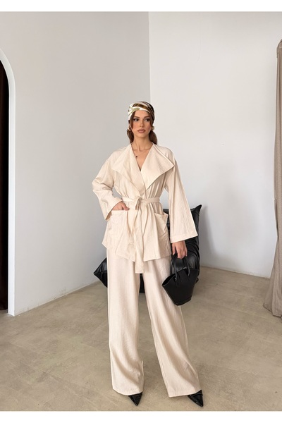 MODAMERSİ Women's Beige Oversize Double-Breasted Belted Top and Bottom Set