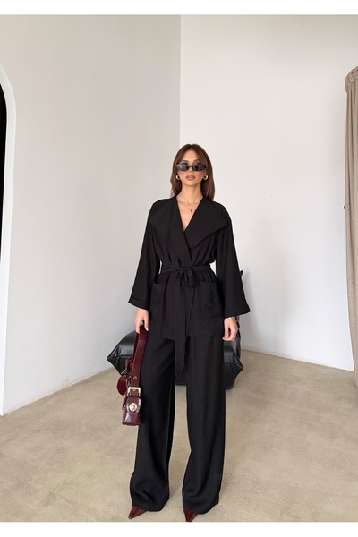 MODAMERSİ Women's Black Oversize Double-Breasted Belted Top and Bottom Set