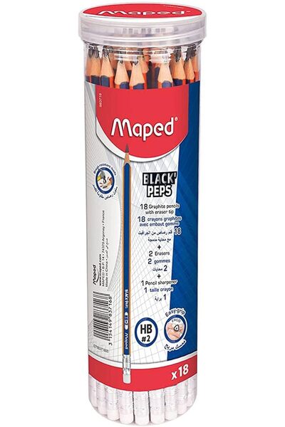 Maped Black Peps Graphite Pencil with Eraser Tip X18