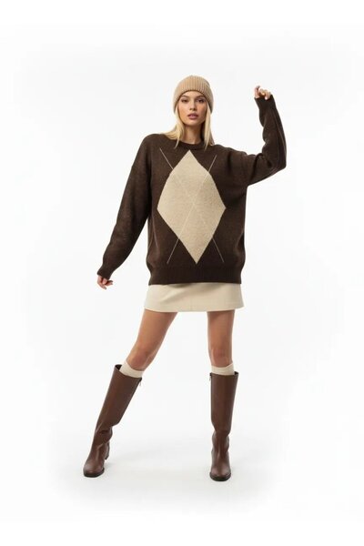 Park Karon Women's Crew Neck Diamond Patterned Knitwear Sweater 8709