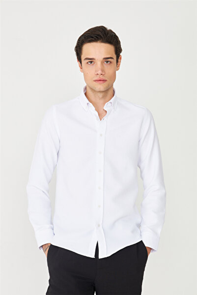 White Stone White Buttoned Collar Long Sleeve Shirt Slim Fit