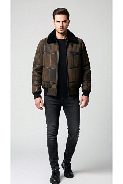 rushana Erkek içi kürklü parçalı biyeli hakiki deri mont