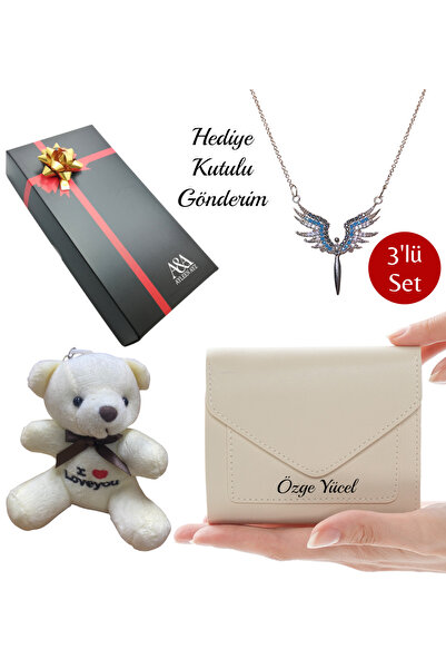 Ayleen Ayz Kişiye Özel İsim Baskılı Kadın Deri Cüzdan Melek Kanadı Kolye ve P...