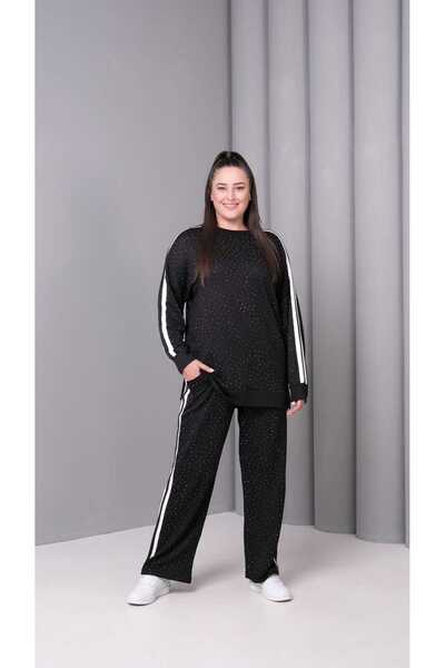 Şans Women's Plus Size Black, Stone Detailed, Striped Tracksuit Set 65N39390