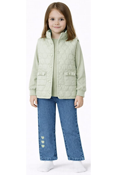 İrem Çocuk Giyim سترة مبطنة للفتيات مع قميص من قماش الموسلين مطرز بتصميم قلب ...