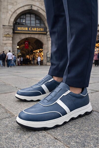 PATRICK CASSA Men's 100% Genuine Calfskin Navy Blue Men's Casual Sneaker Spor...