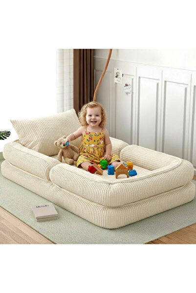 foamly Trend Krem Fitilli Kadife Modüler Çocuk Oyun Minderi Ve Yatağı Tamamen...