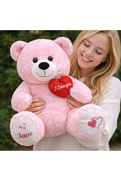 Toyska Büyük Boy Pembe Kalpli Peluş Ayıcık - Premium Yumuşak Dokulu Sevimli P...