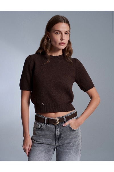 Dilvin Parıltılı Kısa Kollu Kazak-Kahve