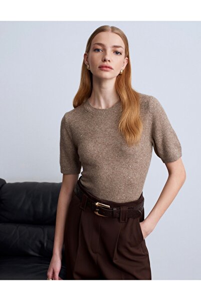 Dilvin Parıltılı Kısa Kollu Kazak-Kahve