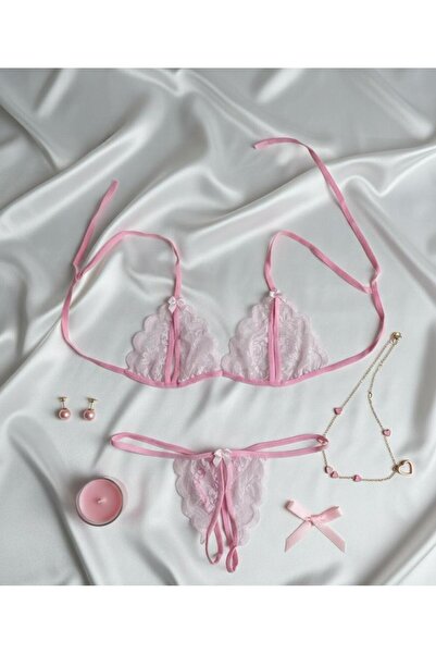 My secret PEMBE DANTELLİ GÖĞÜS VE ÖZEL BÖLGESİ AÇIK SÜTYEN TAKIMI