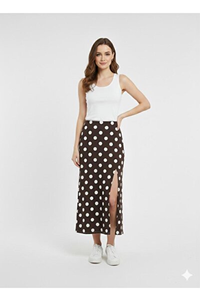 Green'DAL Women's Polka Dot Midi Length Slit High Waist Casual Stylish Skirt