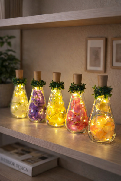 LABURN 2 ADET LED Işıklı Dekoratif Cam Şişe Lamba – Yapay Çiçekli, Sıcak Işık...