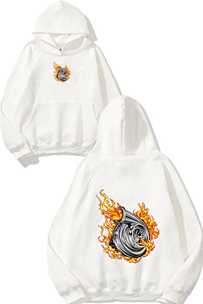 urbvn Turbo Design Printed Oversize White Hooded Sweatshirt