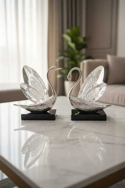 Furkan DEKORATİF KRİSTAL CAM 2Lİ KUĞU SETİ GÜMÜŞ