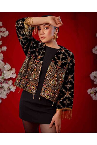 FAAYRA fashionhouse Siyah kadife üzerine el işi işlemeli, tek limited edition...