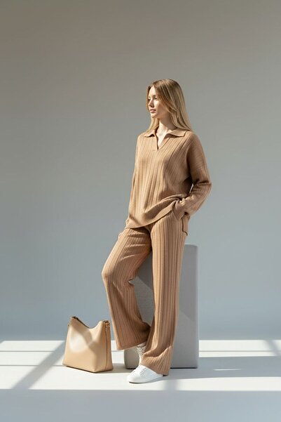 WYNA BOUTİQUE Women's Biscuit Pipe Sleeve Polo Neck Ribbed Knitwear Set