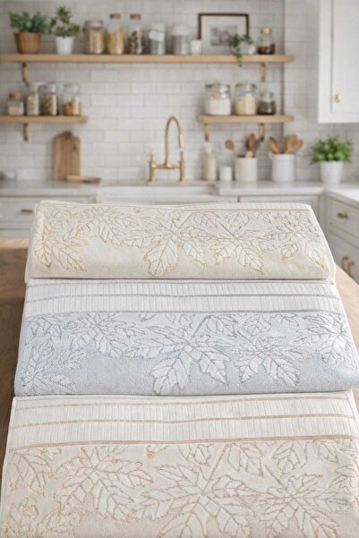 Yoncagül منشفة مادامجولد 50x90 6 قطع بنمط أوراق الشجر (ذهبي-فضي-برونزي) منشفة...