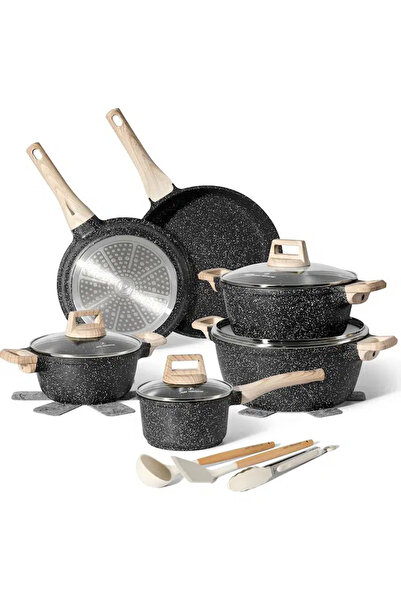 Halehi Set vase de gătit 9 piese din aluminiu turnat, acoperire marmură antia...