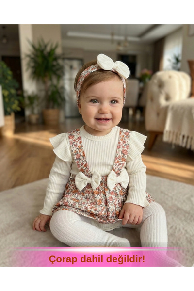 Asliva fashion Kız Bebek Krem Badi Çiçekli Etek ve Saç Bandı 3'lü Takım Bayra...