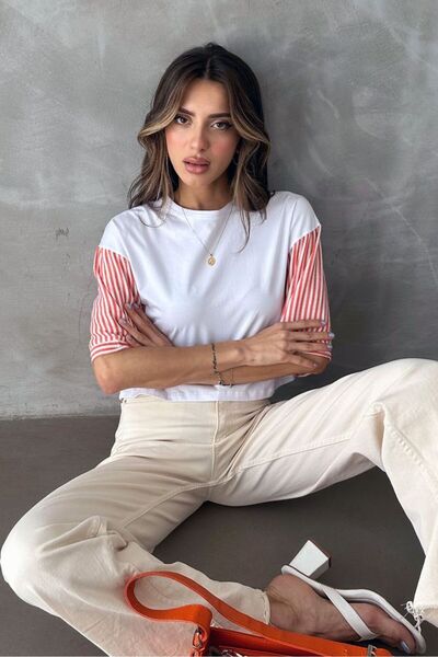 TOPSHOW Women's white striped t-shirt with sleeves and back - Made in Turkey