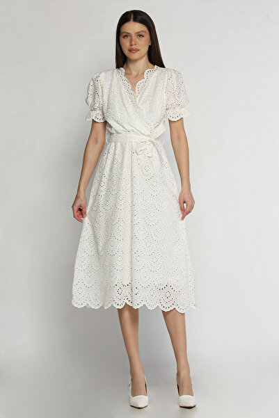 azragül giyim Kruvaze Yaka Bel Bağcıklı Brode Elbise