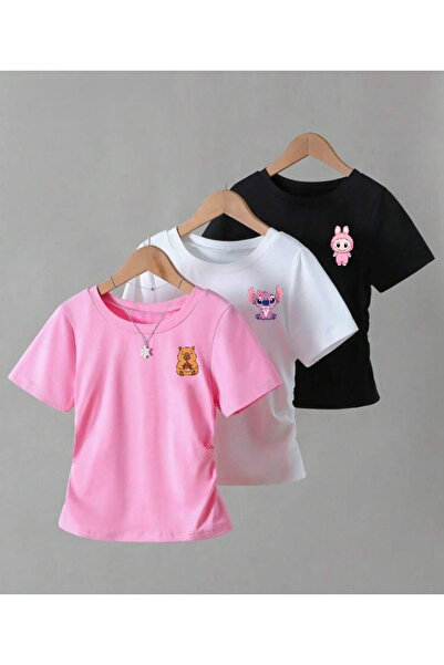 npLStore Children's Labubu&Capybara&Angel Printed Short Sleeve 3-Piece T-Shir...