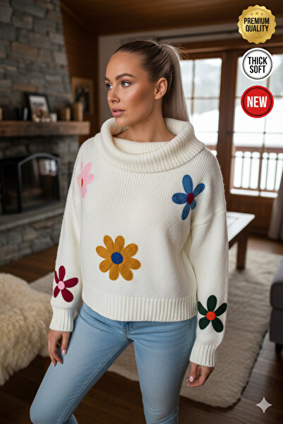 Teenage Millionaire Women's White Floral Pattern Detailed Oversize Thick Knit...