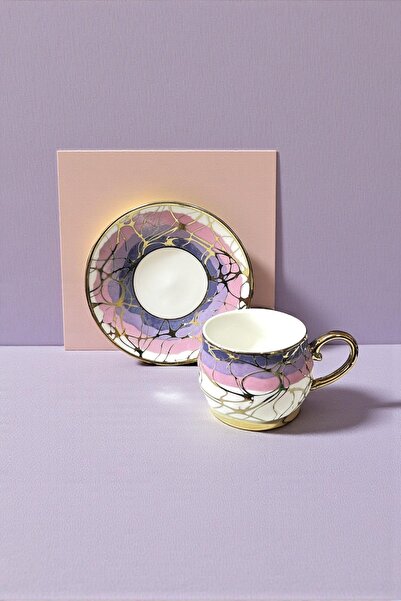 ALBETTO 6 Kişilik Lüks Porselen Mor Ton Altın Yaldızlı Kahve Fincan Seti - 10...