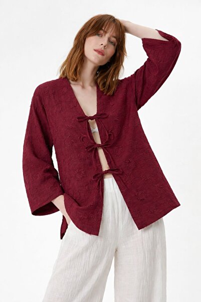 HAKKE Püsküllü Bağlamalı Kadın Kesme Kimono Hırka