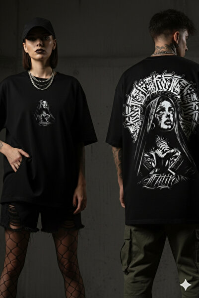 Agolady Unisex Black Oversize Gothic Aesthetic Angel Printed Crew Neck T-Shirt