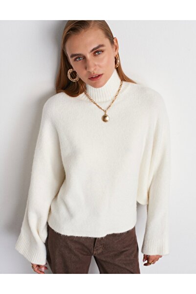 Dilvin Yün Karışımlı Yarasa Kol Kazak-Ekru