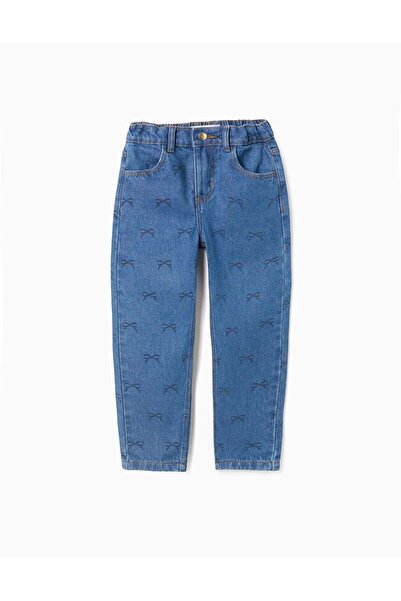 Ziddy Cotton Jeans with Bow Motif for Girls, Blue