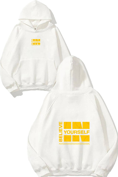 urbvn Yourself 2 Design Printed Oversize White Hooded Sweatshirt