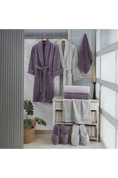 Hobby ÖZLÜ HOME LUSSA BORNOZ SETİ MOR-GRİ -10 PARÇA