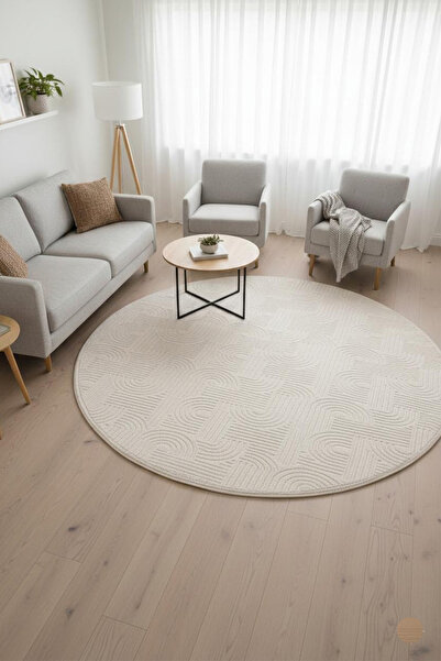 Raschel Carpet Premium Yuvarlak Yıkanabilir Leke Tutmaz Emboss Bohem Halı Öze...