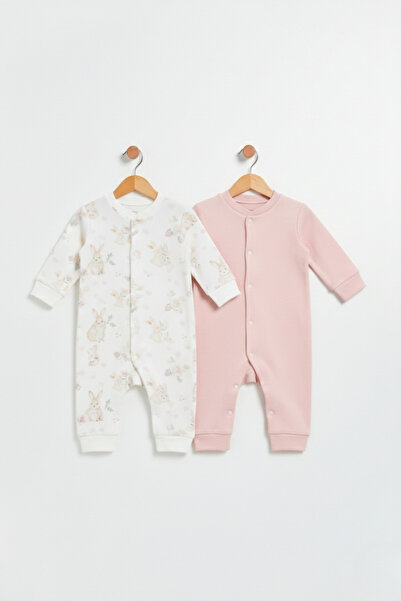 LOGO AKSESUAR Baby Girl Ecru Rabbit Printed 100% Cotton Jumpsuit Set