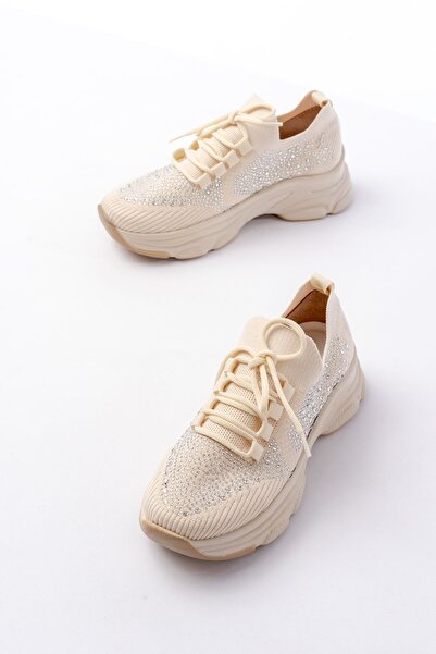 Zerenyus حذاء رياضي Exİn-3002 بريميوم بيج برباط شبكي مع إكسسوارات حجرية