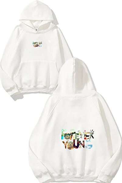 urbvn تصميم فوريفر يونغ مطبوع قصة فضفاضة سويت شيرت أبيض بغطاء رأس