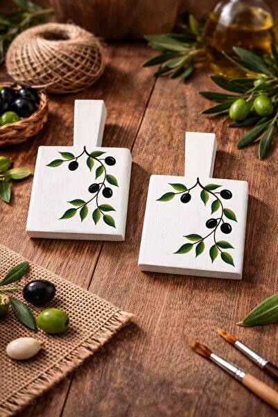 Seyyahpatiler Zeytin Dalı Desenli El Boyaması Ahşap Bardak Altlığı (2'li set)...