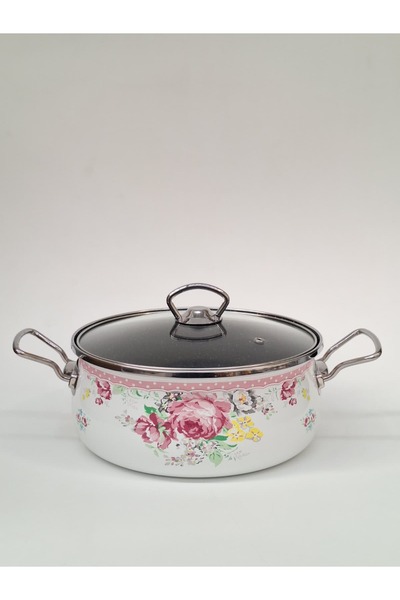 GİZEM Enamel Non-Stick Pot 22 cm Pink Flower // Can Be Used on Induction Cookers