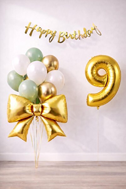 Patladı Gitti Gold Bow 9Th Birthday Balloon Set