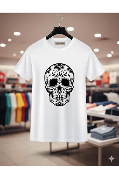 playwear PLAY WEAR Unisex Bol Kalıp DESENLİ KURU KAFA Bisiklet Yaka Baskılı T...