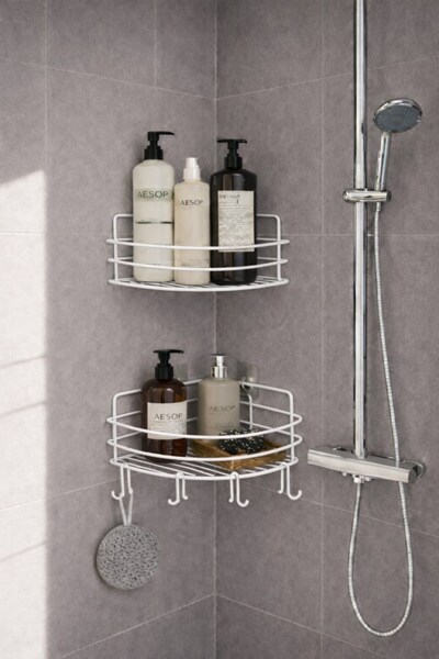 Sas Haus White Corner Shower Shelf 2-in-1 Shampoo Holder 21 cm – Adhesive/Scr...