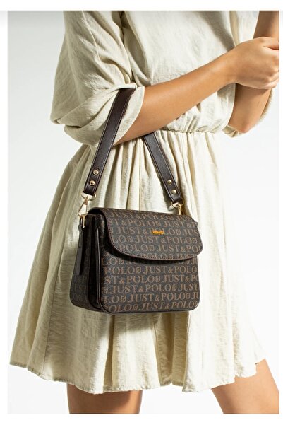 Just Polo Women's Coffee Print Patterned Long Strap Shoulder Bag-Bd2197
