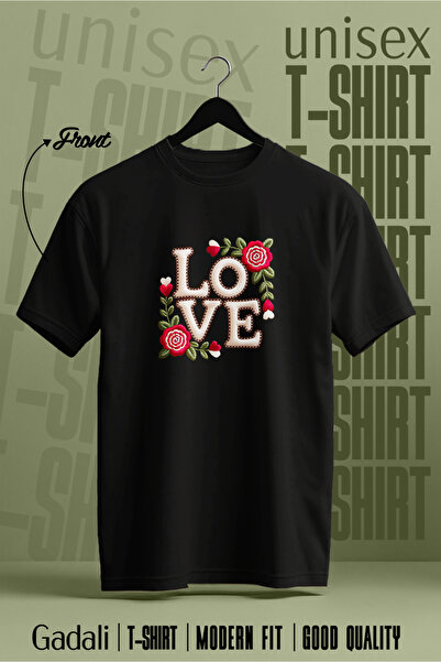Gadali Unisex Embroidery Effect Love Flower Printed T-Shirt